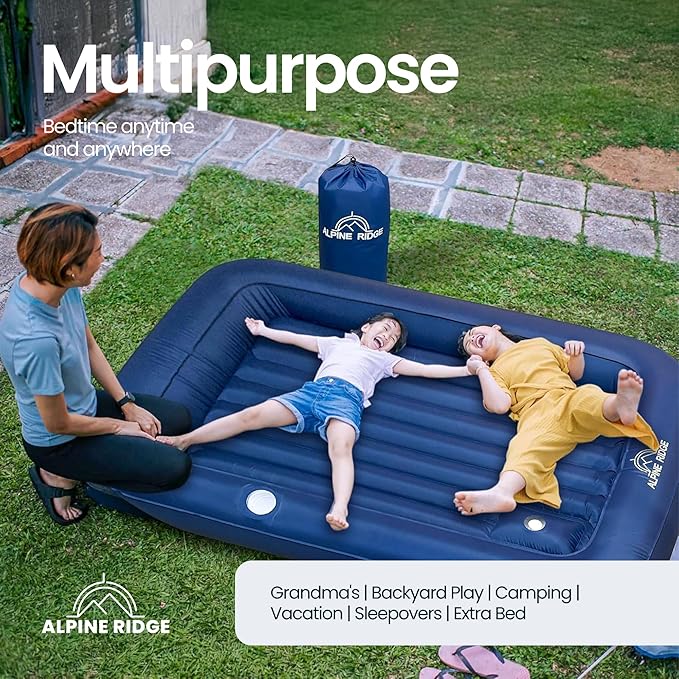 Toddler Travel Bed – Portable Nylon Toddlers Bed with 4-Sided Bumpers – Inflatable Toddler Travel Bed for Camping, Sleepovers – Kids Air Mattress with Built-in Foot Pump
