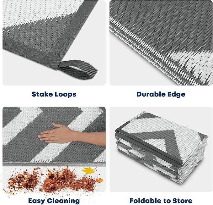 Kohree RV Outdoor Rug 9x12 Reversible, Waterproof Patio Mat with 4 Stakes & UV Fade Resistant, Non-Slip Outdoor Camping Mat for Deck, Picnic, Backyard, Includes Carry Bag (Grey & White)