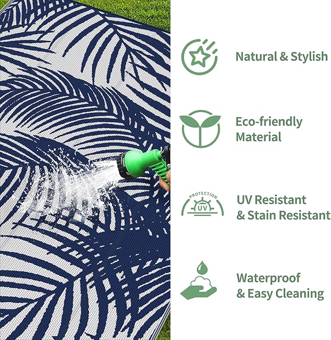 GENIMO Outdoor Rug 8' x 10' Waterproof for Patio Clearance, Reversible Plastic Straw Camping Carpet, Lightweight Mats for Rv, Backyard, Deck, Porch, Picnic, Beach, Balcony, Blue & White
