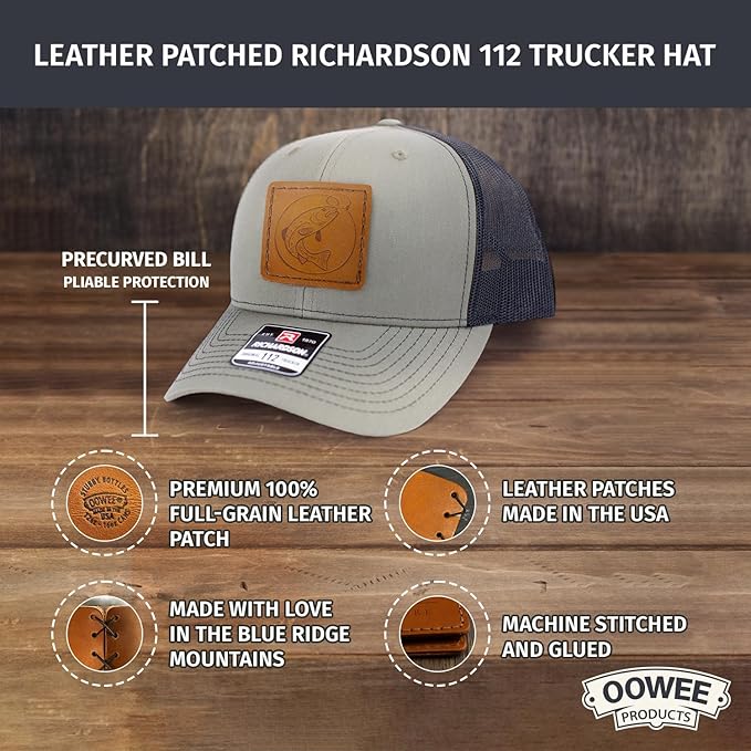 Leather Patch Hat for Men - Richardson 112 Trucker Hat w/Full-Grain Leather Patch, Laser-Engraved, Machine-Stitched