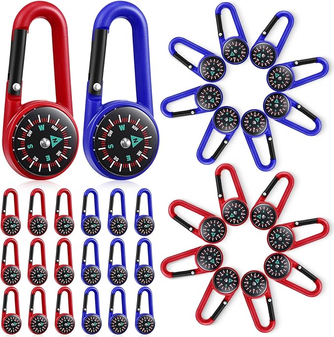 TOODOO 32 Pcs Compass Keychain for Kids Adventure Camping Small Keychain Belt Clips With Holes Compass Metal Buckle Keychain Outdoor Camping Party Favors