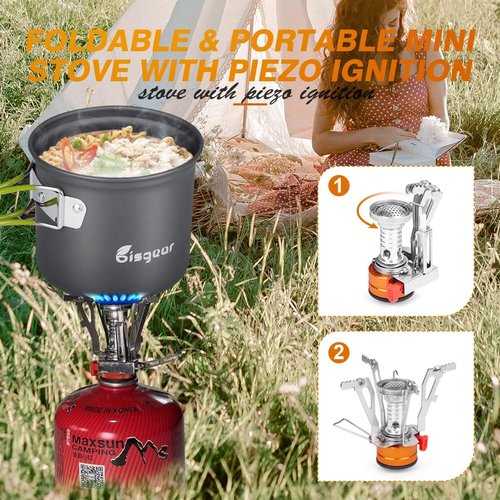 Bisgear Portable Backpacking Stove Canister Stand Tripod Stainless Steel Cup Flatware Mess Kit - Cooking Set - Camping Gear