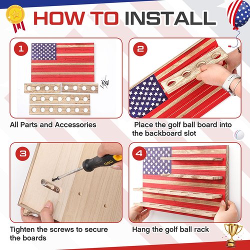 Threehoney Patriotic Golf Ball Holder Display Shelf for 22 Balls 16 x 10 Inch Wood Golf Ball Display Stand with American Flag Golf Lover's Gift for Christmas, No Door