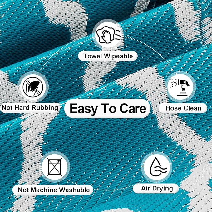 OutdoorLines Outdoor Plastic Area Rugs for Patio 5x8 ft - Reversible Outside Carpet, Stain & UV Resistant RV Mats, Straw Rug for Camping, Deck Garden, Porch and Balcony, Moroccan Teal & Light Grey