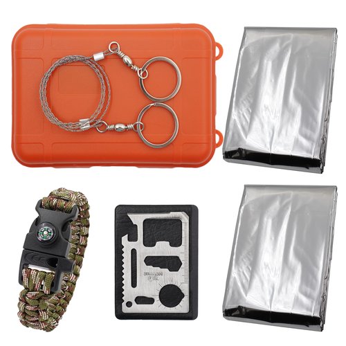 Wild Emergency Survival Kit - Airtight Survival Box,with Thermal Blankets, Survival Bracelet, Whistles, Compass,Steel Wire Saw,11 in 1 Card Multitool,for Camping,Outdoor Travel, Hiking Or First Aid.