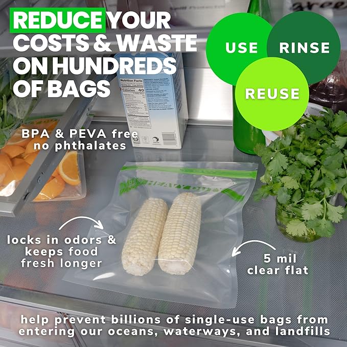 Smelly Proof REUSABLE STORAGE BAGS, Large HEAVY DUTY 5-mils US-Made BPA FREE, NO PEVA, Dishwasher-Safe Reusable Freezer Bags CLEAR FLAT Quart 10" x 8.5" 5pk
