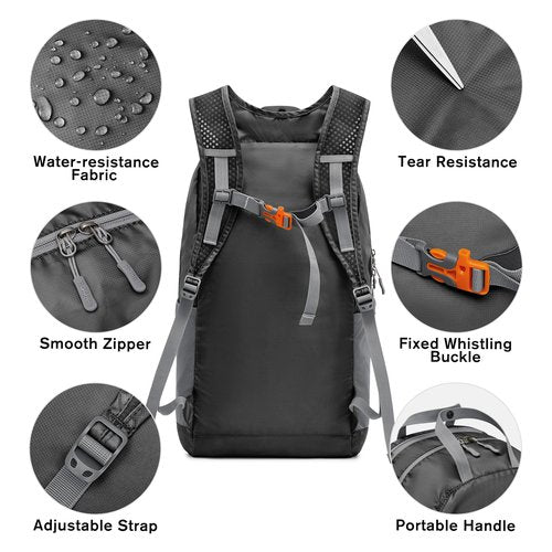 G4Free 25L Lightweight Hiking Backpack Packable Foldable Sport Travel Daypack Water Resistant for Women Men（Black）