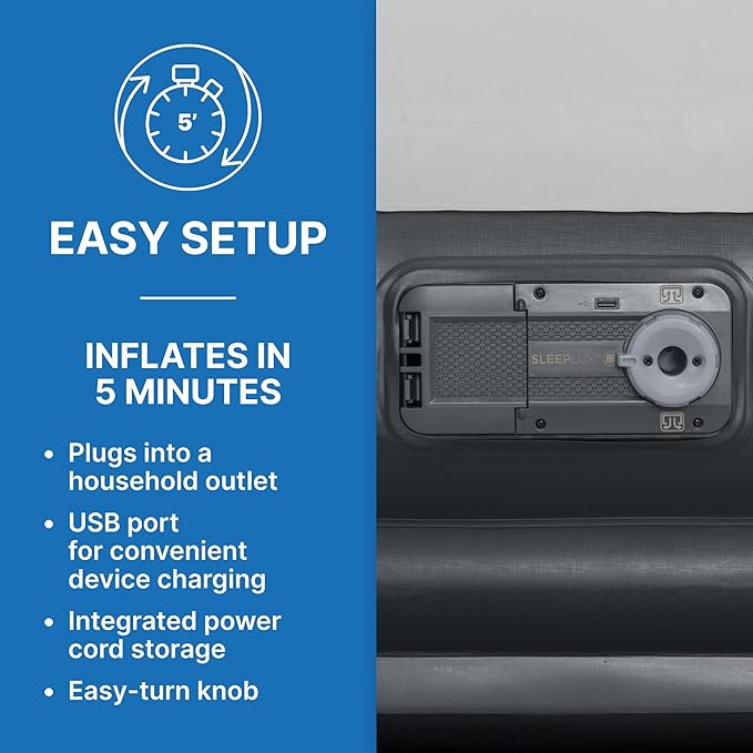 SleepLux Durable Inflatable Air Mattress with Built-in Pump, Pillow and USB Charger