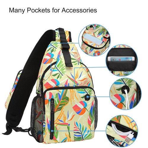 MOSISO Sling Backpack Bag, Crossbody Shoulder Bag Travel Hiking Daypack Colorful Art Plant Leaves Chest Bag with Front Square Pocket&USB Charging Port, Yellow