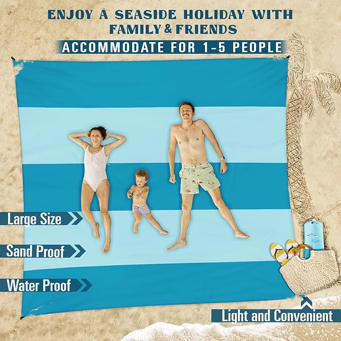 Beach Blanket Sandproof Waterproof 78''×81''1-5 Adults Oversized,Compact Lightweight Durable Beach Mat for Travel Camping Hiking Picnic Blanket