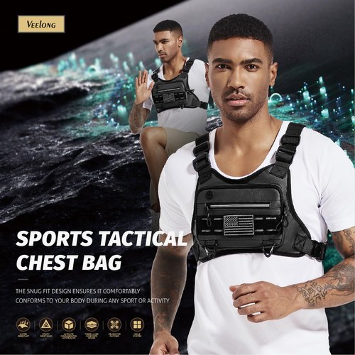 VEELONG Chest Bag for Men Women, Water-resistant Running Vest with Phone Holder, Adjustable EDC Tactical Chest Bag for Workouts, Black