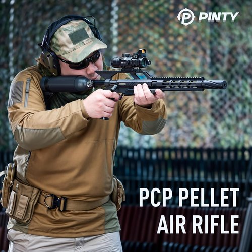 PINTY PCP Pellet Gun Air Rifle, 5.5 mm .22 Caliber Pellet Air Rifle for Adults, Single Shot PCP Air Gun, High Power Airgun with 850 fps Velocity & Picatinny Rail for Hunting Shooting Games