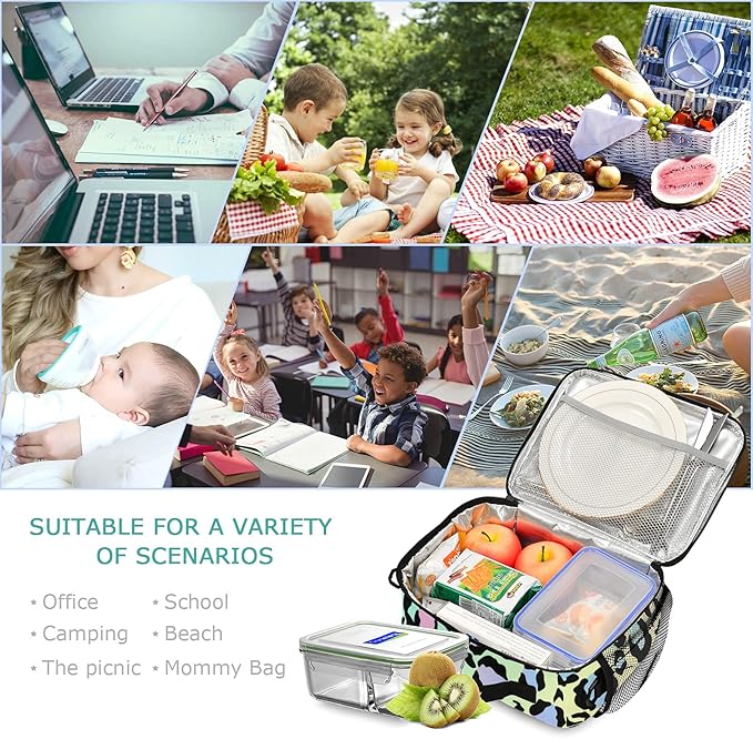 Rainbow Leopard Print Lunch Bag Insulated Lunch Box Cooler Bag Cooling Tote Food Container for Men Women Kids