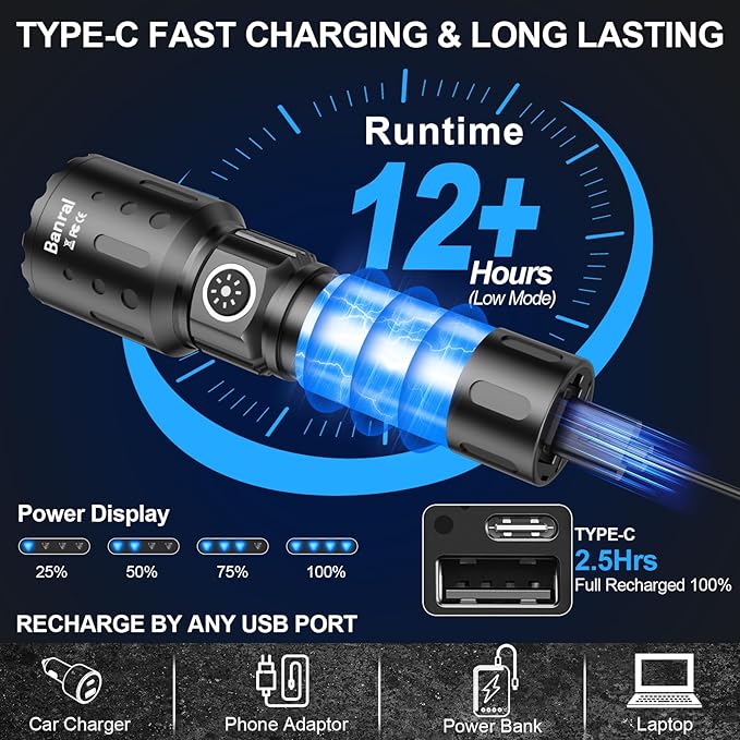 Banral Flashlights 20,000 High Lumens Rechargeable, 1500M Long Throw Super Bright LED Small Powerful Flashlight with Memory Function, 6Modes Pocket Waterproof Flash Light for Camping,Hiking (1, Black)