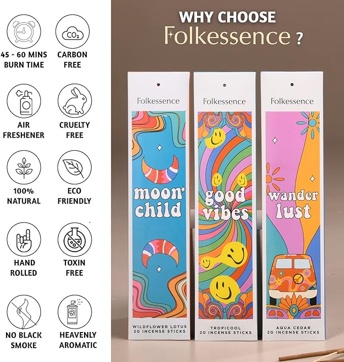 Folkulture Incense Sticks - Set of 6 Variety Pack (120 Sticks) - Balsam Cedarwood, Organic Incense Sticks Non Toxic, Inscents-Sticks, Insence-Sticks or Insenses
