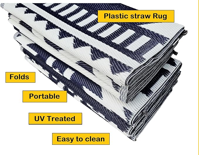 BalajeesUSA Outdoor Rugs–9x18 Plastic Patio Decor Grey Dark Blue, Durable and Affordable Recycled Straw Picnic All-Weather and Waterproof Reversible Camper Awning mats 7582