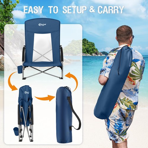 PORTAL Beach Chairs for Adults High Back Low Folding Camping Chair Portable Lightweight with Cup Holder for Travel, Concert, Lawn, Festival, Support 400lbs, Navy Blue