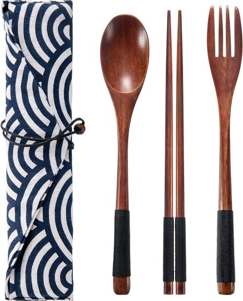 2 Sets Wooden Utensil Set, Travel Utensils for Eating, Wooden Fork Spoon Chopsticks, Reusable Portable Flatware Cutlery Set, Tied Line Flatware with Pouch for Lunch Camping Traveling