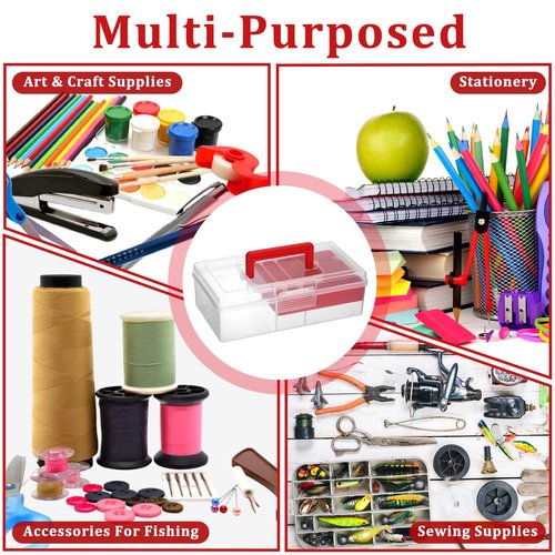 JUXYES Plastic Fishing Tackle Box Organizer with Removable Dividers, Clear Fishing Tackle Storage Boxes with Handle, 2 Layer Fishing Tackle Tray Box Lure Box, Red