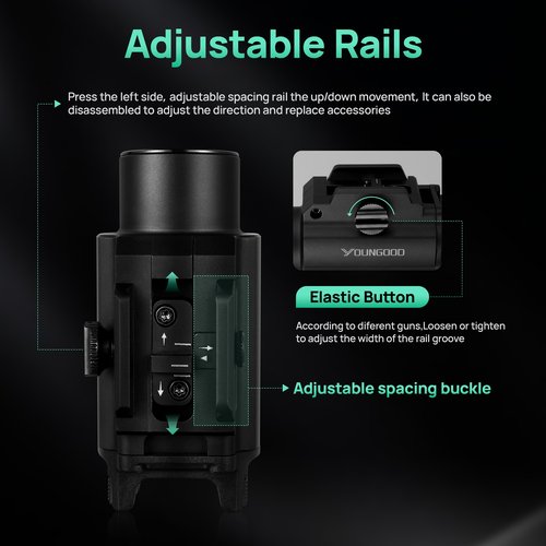 YOUNGOOD 2500 High Lumens Pistol Laser Light Combo, Tactical LED Flashlight, Adjustable Picatinny Rail Mount Airsoft Handgun Green Laser Weapon Llights, Type-C Rechargeable SIG Gun Flashlights