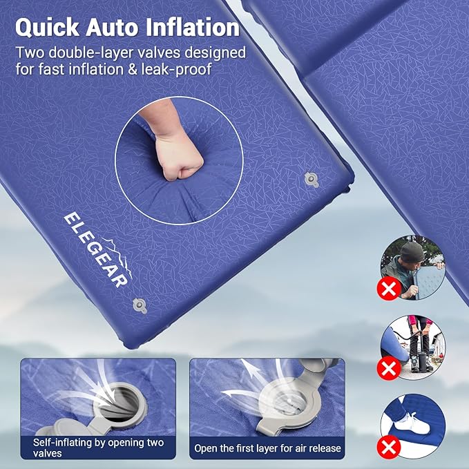 Elegear Self Inflating Sleeping Pad, 3.18'' Ultra-Thick Memory Foam Camping Pad with Pillow, 20s Fast Inflating Camping Mattress Pad, 4-Season Insulated Camp Sleeping Mat for Camping/Travel/Tent/Car