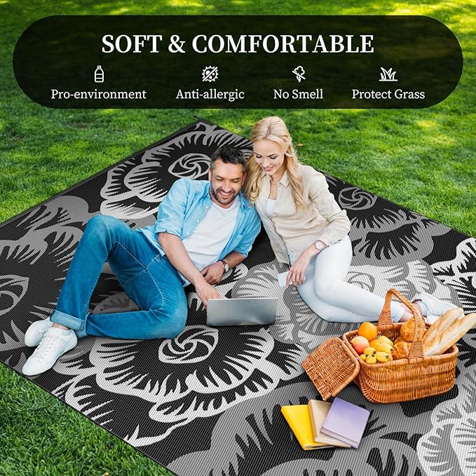 MontVoo Outdoor Rug-Waterproof Patio Rug Mat 5x8 ft Outdoor Carpet Mat Reversible Plastic Straw Outside Outdoor Rug for RV Camping Picnic Beach Balcony Backyard Pool Deck Porch Farmhouse Floral Black