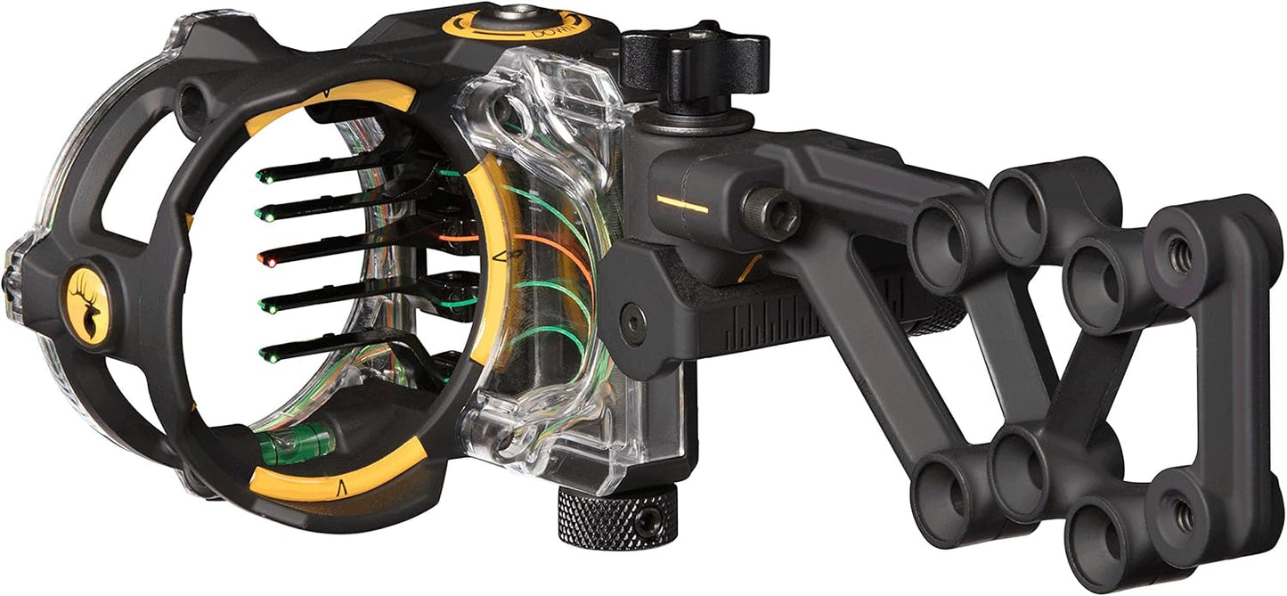 Trophy Ridge React H5 Bow Sight - 5 Pin Sight, Tool Less Windage and Elevation Adustability, 2nd Axis Leveling, Adjustable Click Light