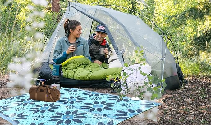 BalajeesUSA Outdoor Rug - 5x7 Sky Blue, Black, Grey, Reversible Recycled Plastic Straw Outdoor Patio Rugs Clearance Waterproof Large RV Camper Mats 287