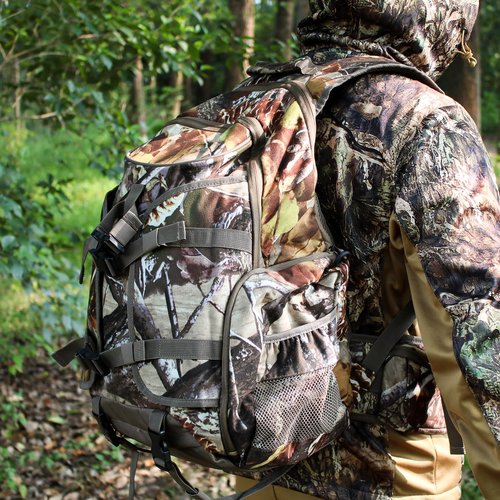 ShedOFF 35L Hunting Backpack with Waterproof Rain Cover, Large Capacity Day Pack with Holder, Men/Women Deer Hunting Gear Hunting Accessories (Camo Pine-Cones)