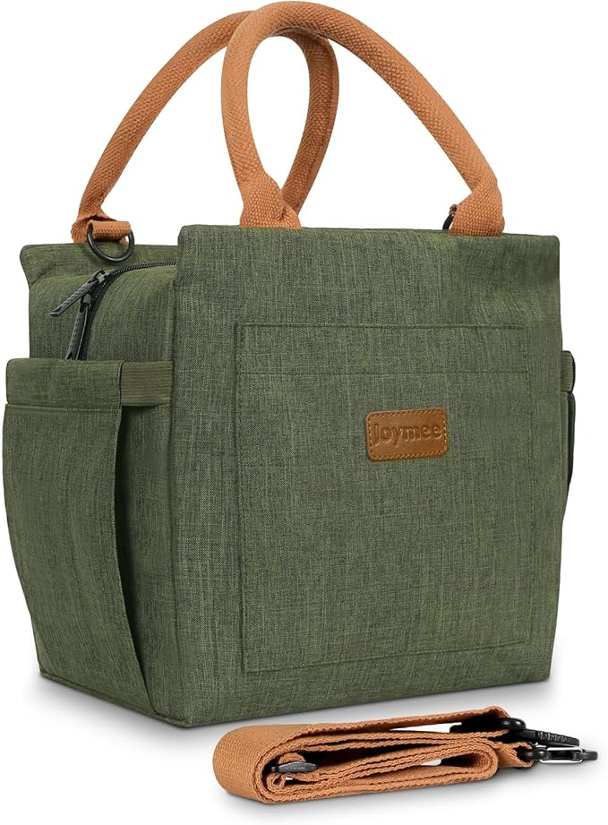 Joymee Lunch Bag Women Insulated Lunch Box with Adjustable Shoulder Strap Large Reusable Leakproof Spacious Cooler Tote for Women Men Adult with Bottle Holder and Side Pockets - Green