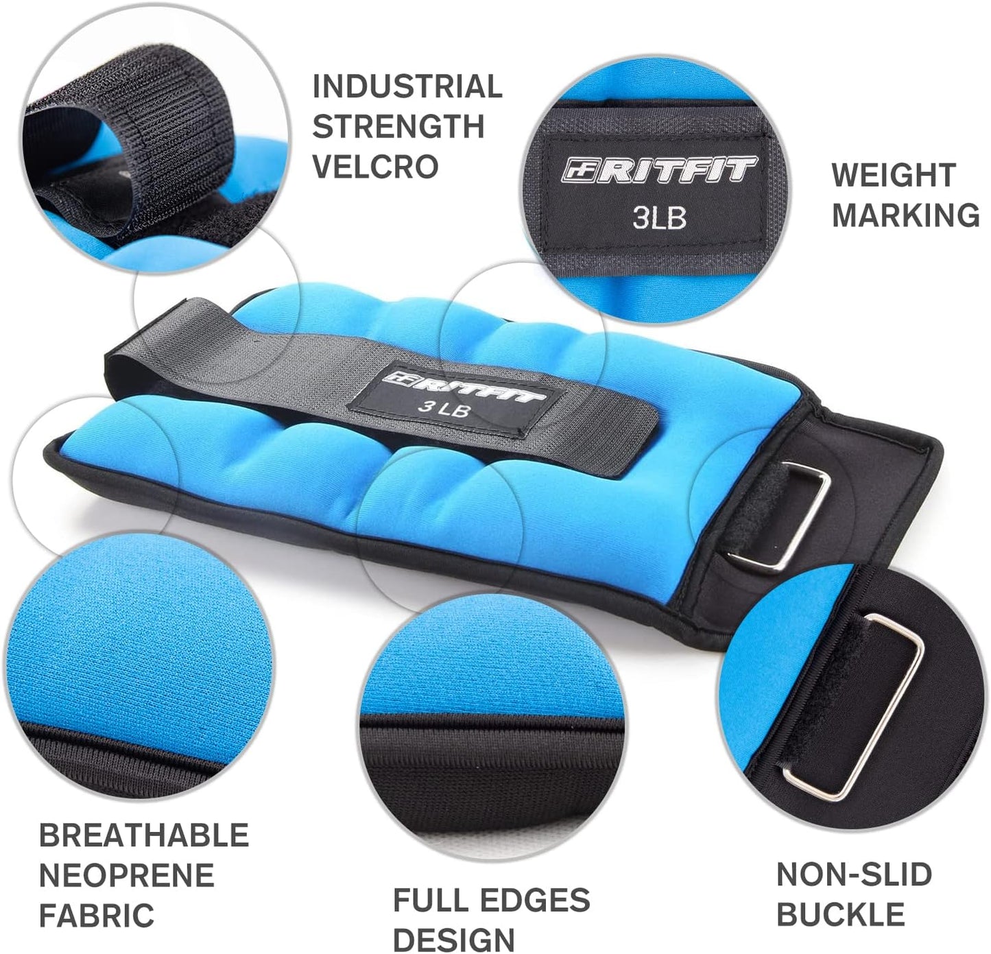 RitFit Ankle Wrist Weights (1 Pair) 1 1.5 2 3 4 5 LB Each with Fully Adjustable Strap for Arm, Hand & Leg - Best for Walking, Jogging, Gymnastics, Aerobics