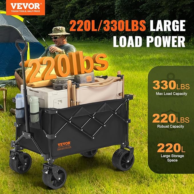 VEVOR Collapsible Folding Wagon 220L/350LBS, Heavy Duty Beach Wagon Cart Foldable with Big Wheels, Outdoor Utility Wagon All Terrain Wagon for Groceries Camping 35 x 21.3 x 42.5 in