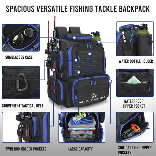 Novel Outdoors - Large Fishing Backpack with 4 Tackle Boxes - Waterproof Fishing Tackle Backpack with Fishing Rod Holder - Heavy Duty 43L Fishing Tackle Box for your Fishing Lures and Fishing Gear