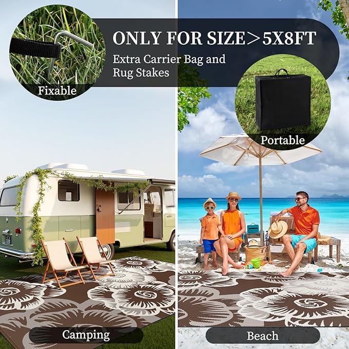 MontVoo Outdoor Rug-Waterproof Patio Rug Mat 6x9 Outdoor Carpet Mat Reversible Plastic Straw Outside Outdoor Rug for RV Camping Picnic Beach Balcony Backyard Pool Deck Farmhouse Floral Beige Brown
