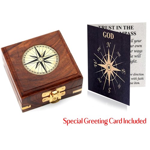 Trust in The Lord -Proverbs 3: 5-6 Quote Engraved Compass with Wooden Box, Baptism Gifts, Camping Compass, Catholic Inspirational Christian Religious Gifts for Men Women, 2025 Graduation Day Gifts