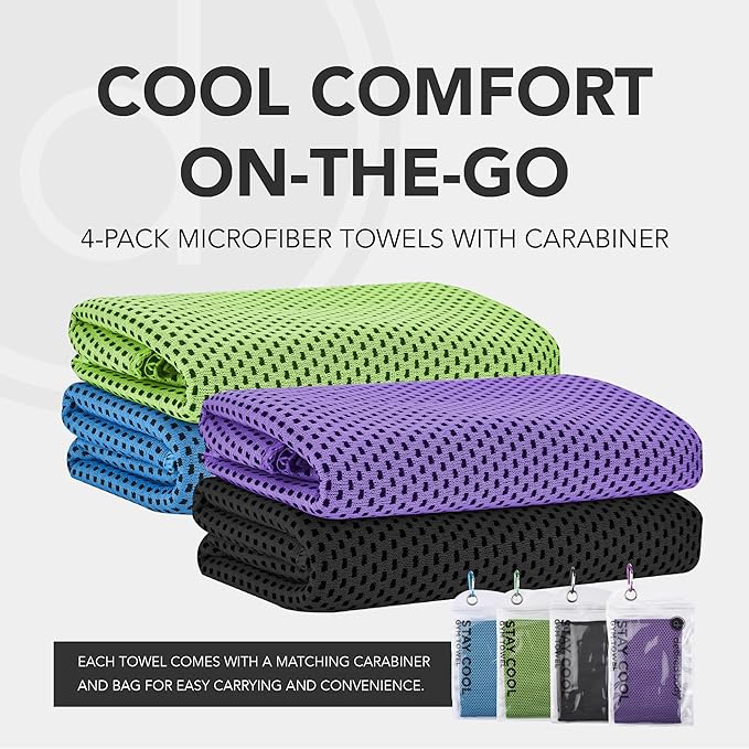 Microfiber Cooling Towels for Neck and Face - 4 Pack 40x12” Mesh Quick Dry Gym Towels for Working Out with Waterproof Bag and Carabiner - Sweat Rag for Gym, Sports, Outdoor Activities