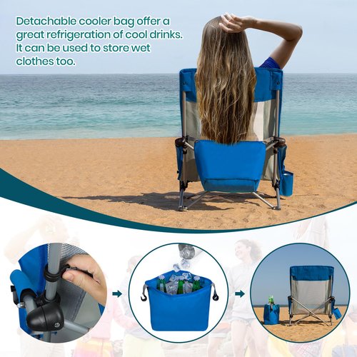 XGEAR High Back Folding Beach Chair with Detachable Cooler Bag High Back Mesh Back Sand Chair for Beach, Lawn, Camping, Travel, Support Up to 350 lbs
