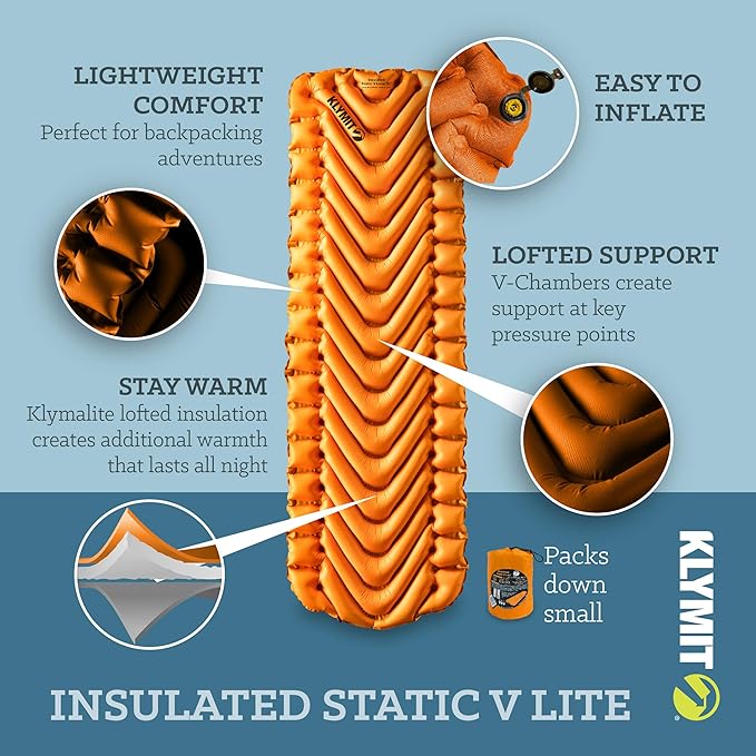 Klymit Insulated Static V Lite 2.5" Thick Inflatable Camping Pad and Static V Sheet Pad Cover Bundle for Hiking and Backpacking