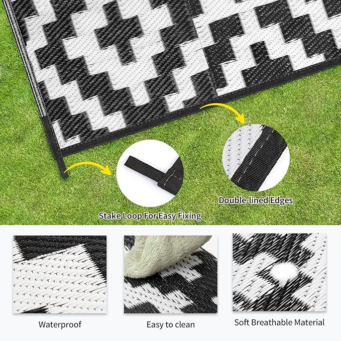 Outdoor Patio Plastic Straw Rug - 9'x18' Outdoor Camping Rug Waterproof Reversible, Area Carpet Patios Clearance RV, Outside Porch Balcony Deck for Camper, Black & White