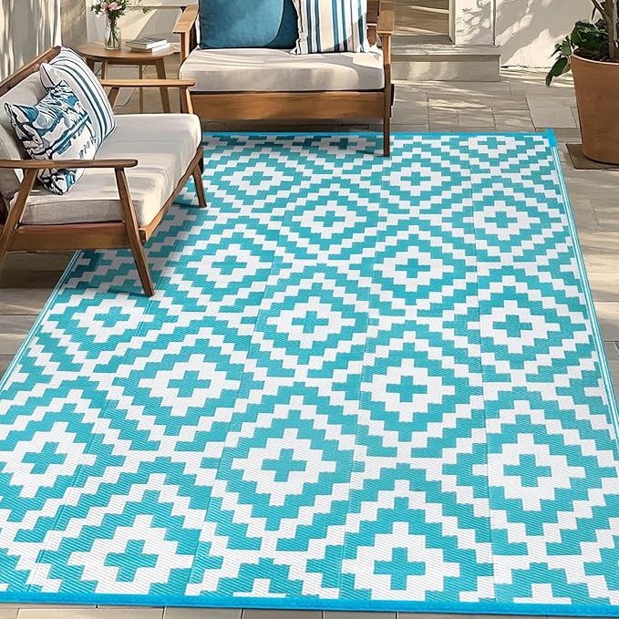 Outdoor Patio Plastic Straw Rug - 5'x8' Outdoor Camping Rug Waterproof Reversible, Area Carpet Patios Clearance RV, Outside Porch Balcony Deck for Camper, Blue & White