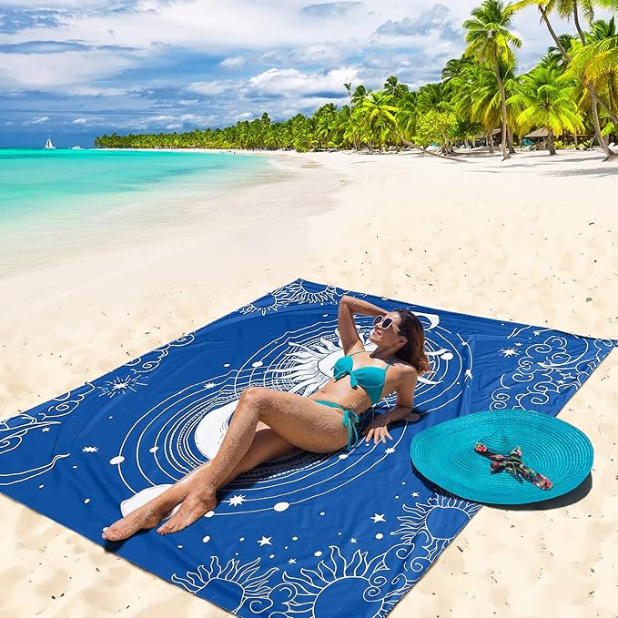 Beach Blanket Sandproof Extra Large Beach Mat Adults Waterproof Quick Drying Sand Free Mat Made by Premium Polyester with 4 Stakes & 4 Corner Pockets for Outdoor Travel Camping Hiking