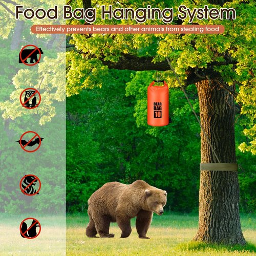 BELCKOS Bear Food Bag Hanging System, Bear Bags for Food Backpacking, Ultralight 10L Waterproof Camping Bear Proof Food Storage Canister Pulley System with Paracord, Carabiner, Throw Bag
