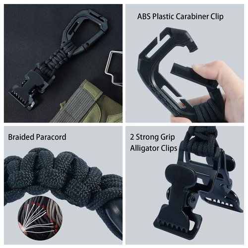 KUNN Glove Clips with Plastic Carabiner and Paracord, Metal Alligator Clips for Tactical Backpack, Work Glove Holders, Black