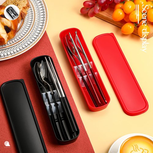 Kritkin 2 Sets Travel Cutlery Set 18/8 Stainless Steel Cutlery 6 Pcs Reusable Utensils Set with Case Portable Silverware Lunch Box for Camping School Office(Silver, Red, Black)