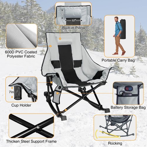 Slendor Oversized Rocking Camping Chair, Heated Camping Chair with 3 Heat Levels, Portable Outdoor Rocker Chair, High Back, Pillow, Carry Bag, Padded, Supports 330 lbs, Grey