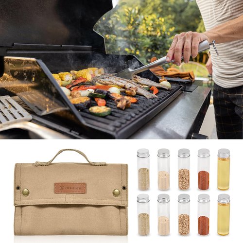 GVRGO Camping Spice Kit, Portable Travel Spice Bag Pouch With 10 Spice Containers, Foldable Canvas Seasoning Storage Bag for Outdoor Travel Camping BBQ Picnic- Khaki
