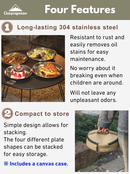 CAMPINGMOON Camping Plates 8pcs set Salad Side Dinner Plate Dishes Outdoor Tableware Stainless Steel with Canvas Case S397-2S