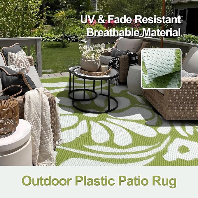 Wonnitar Outdoor Rugs 6x9 Waterproof, Plastic Straw RV Rugs for Outside, Large Portable RV Outdoor Rugs for Camping, Reversible Green Flower Picnic Mat for Camper Garden Tent (Green Flower, 6'x9')