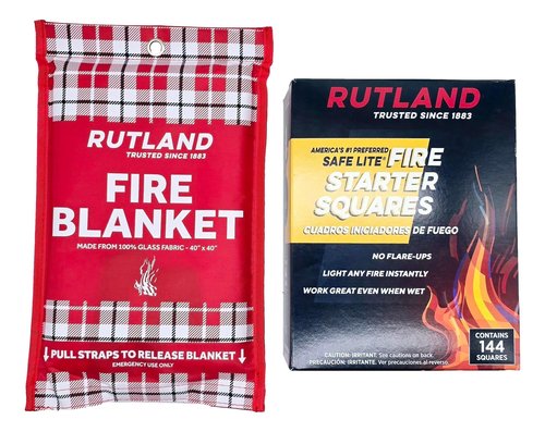 Rutland Safe Lite Fire Starter Squares & Fire Blanket Bundle, 144 Squares, 40" x 40" Fire Suppression Blanket for Grease & Kitchen Fire