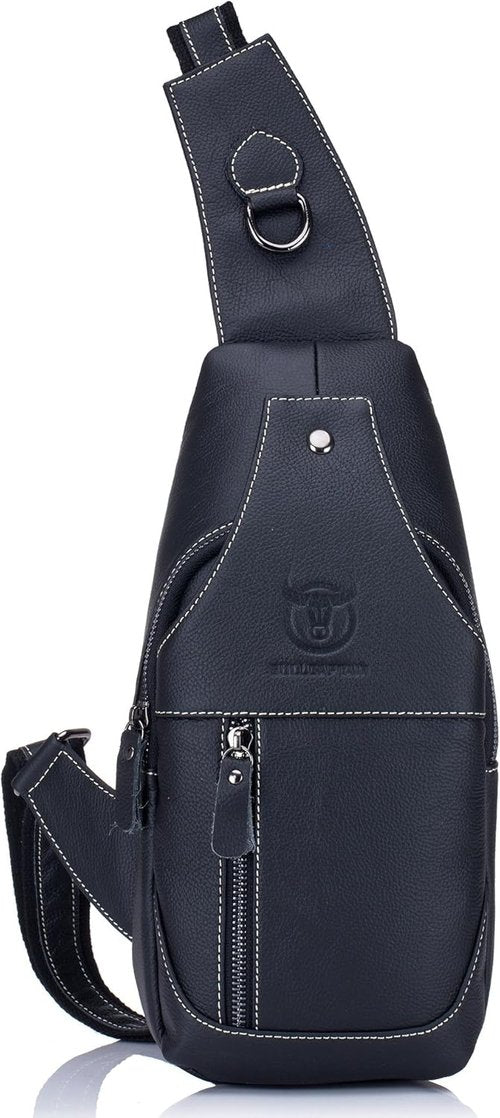 BULLCAPTAIN Genuine Leather Men Bags Shoulder Sling Crossbody Bag Casual Mens Chest Bag Travel Hiking Backpack (Black)